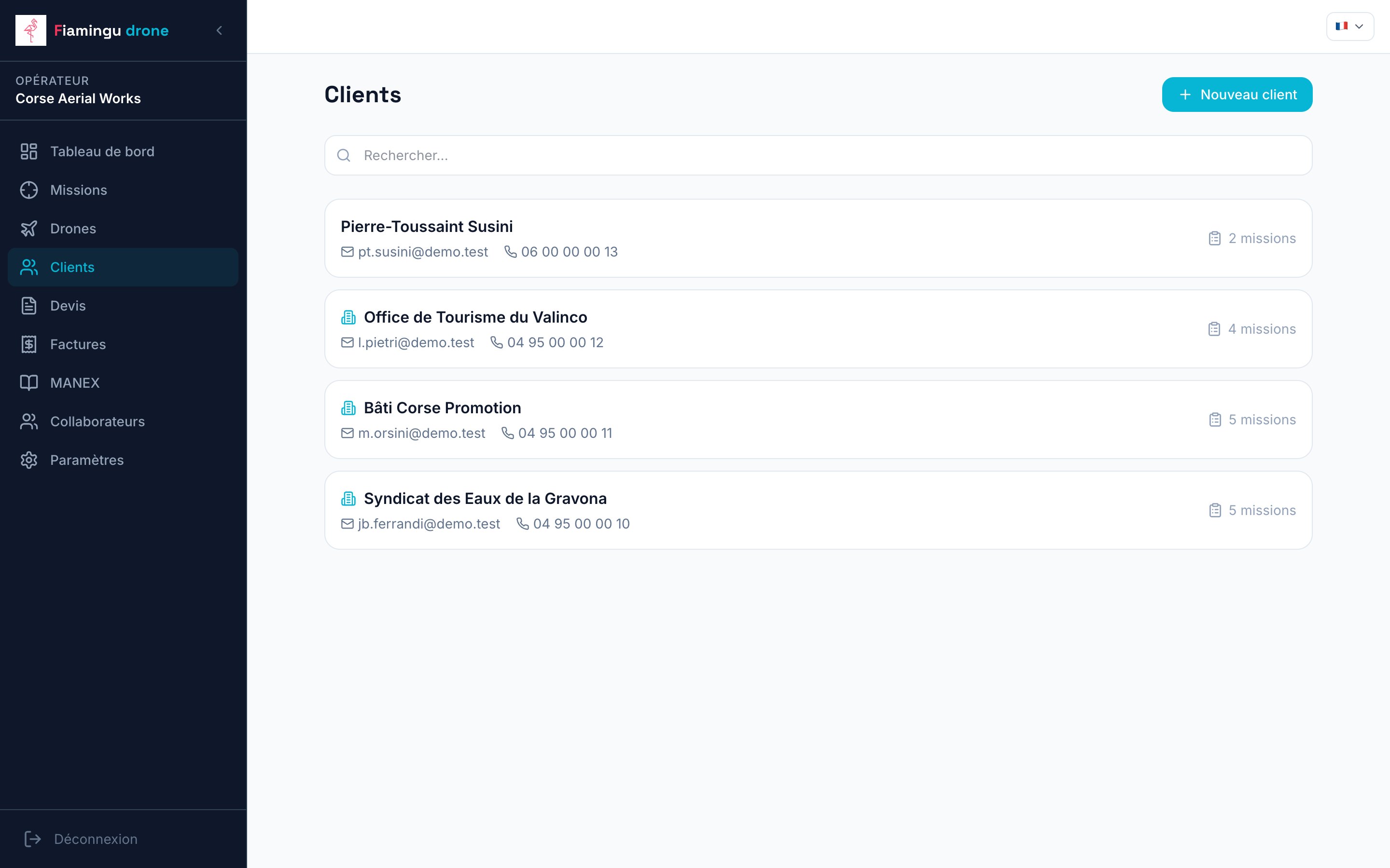 Liste des clients avec leurs coordonnées et leur nombre de missions.