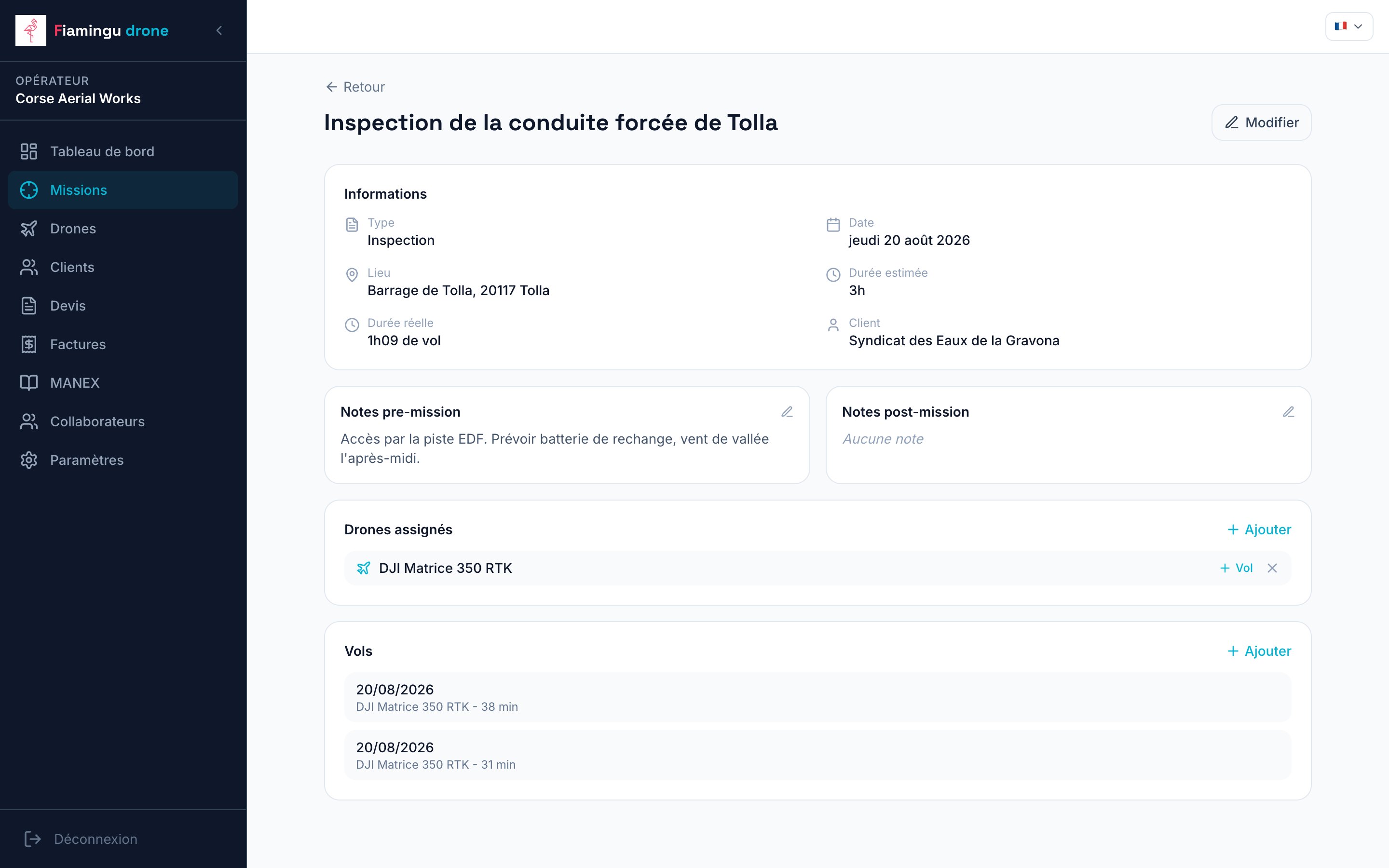 Fiche mission avec drone assigné et vols enregistrés.