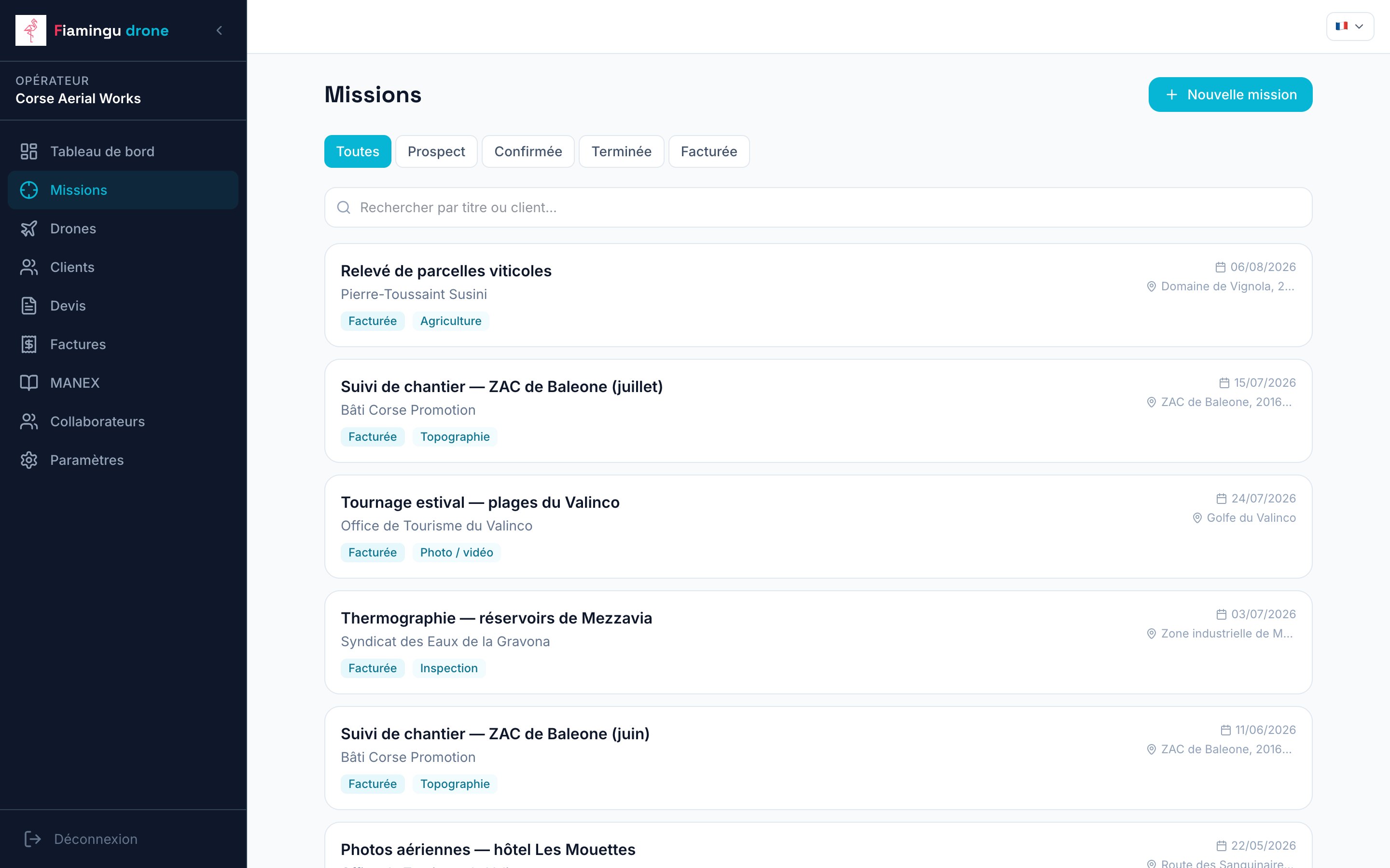 Liste des missions avec statut, client et lieu.
